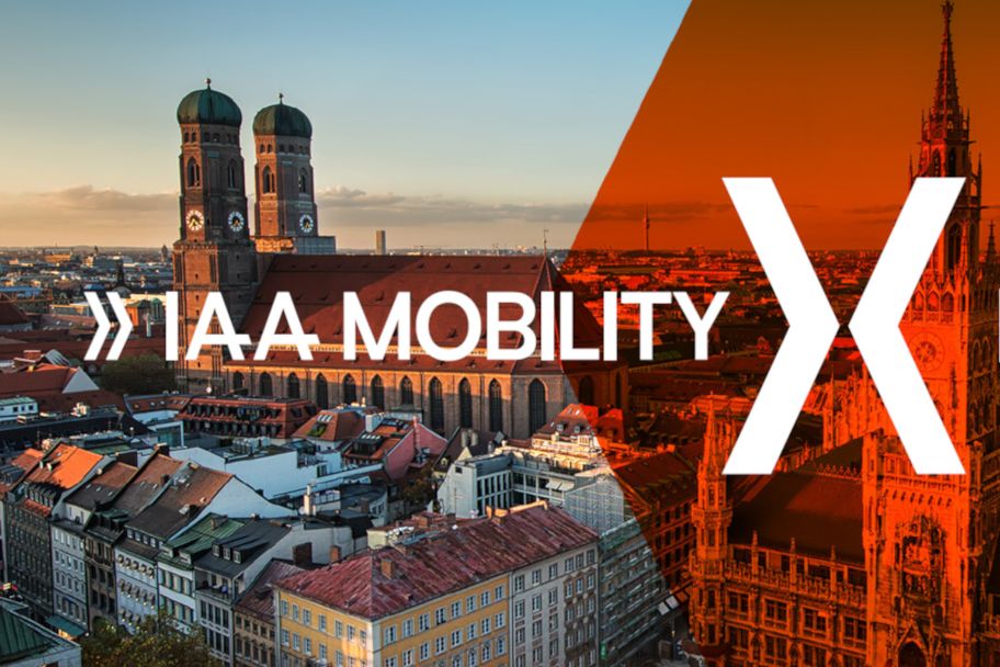 Logo für die IAA Mobility mit Bild von Frauenkirche, Rathaus und Marienplatz
