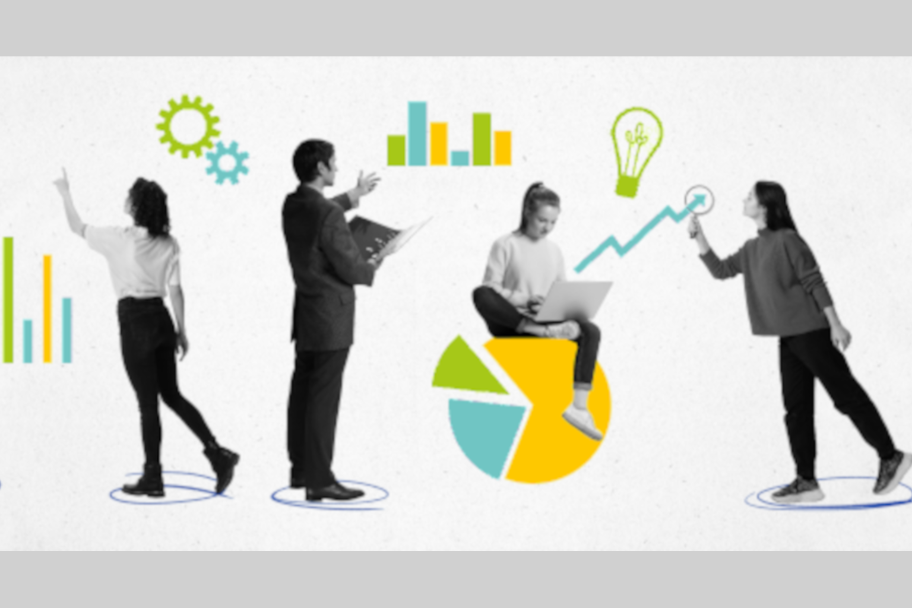 Collage Menschen mit grafischen Symbolen zu Wirtschaft