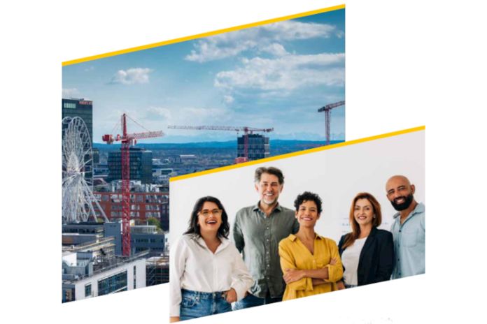 Titelmotive der  Broschüre: Bild Werksviertel und Bild von verschiedenen Menschen