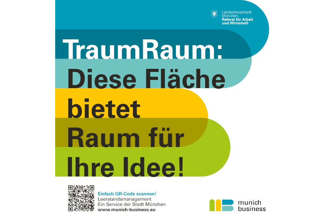 Aufkleber für Fenster für ein leer stehendes Geschäft: Vorfreude: TraumRaum: Diese Fläche bietet Raum für Ihre Idee! QR-Code zum Leerstandsmanagement bei munich business