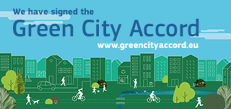 Illustrationsbild Green City Accord mit gezeichneter Stadtansicht mit Radverkehr