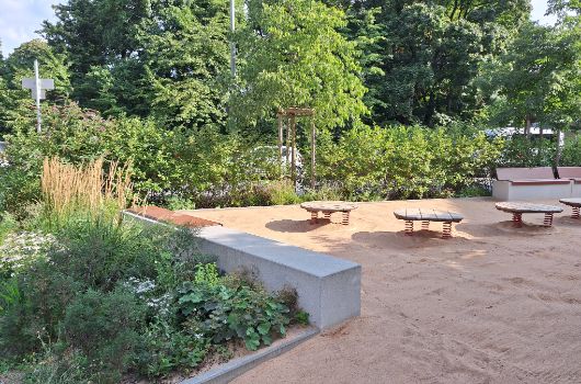 Stauden und Gräser auf privatem Spielplatz an der Ludlstraße