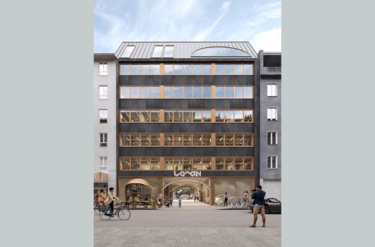 Fassade Bürogebäude mit Gastronomie landN