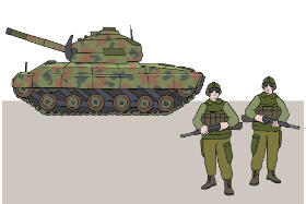 Das Bild zeigt einen Panzer. Vor dem Panzer stehen zwei bewaffnete Soldaten.