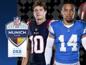 Bild: Offizielles Motiv zum NFL Munich Game 2026 mit Spielern der New England Patriots und Detroit Lions sowie Spieltermin am 15. November 2026 in München.