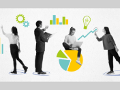 Collage Menschen mit grafischen Symbolen zu Wirtschaft