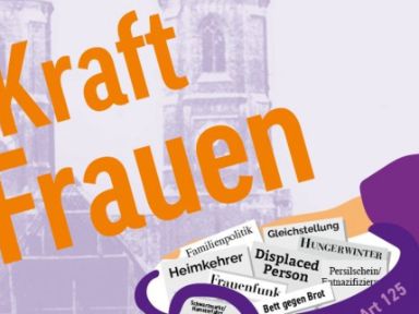 Grafik der Ausstellung „Die Kraft der Frauen“ im Rathaus; Darstellung einer Frau mit Wäschekörben
