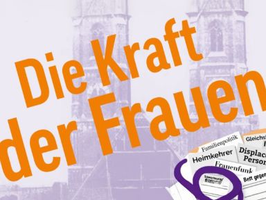 Grafik der Ausstellung „Die Kraft der Frauen“ im Rathaus; Darstellung einer Frau mit Wäschekörben