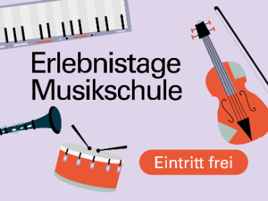 Ein fliederfarbener Hintergrund, darauf sind bunte Instrumentenzeichnungen verteilt. Cello, Klarinette und eine kleine Trommel. Im oberen Drittel steht in großer Schrift Erlebnistage Musikschule. 
