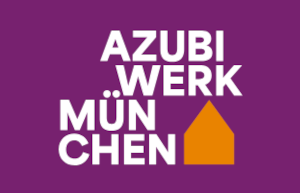 AzubiWerk Logo: Schriftzug weiss auf Lila grund, organgefarbenes Symbol Haus