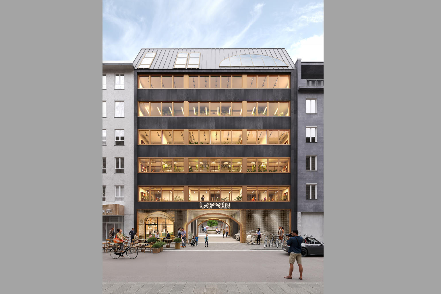 Fassade Bürogebäude mit Gastronomie landN